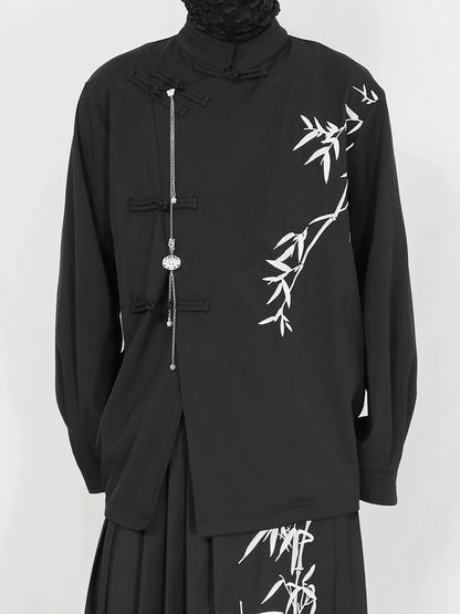 Standing-Collar Frog Button Bamboo Embroidery Long Sleeve Shirt WN20157