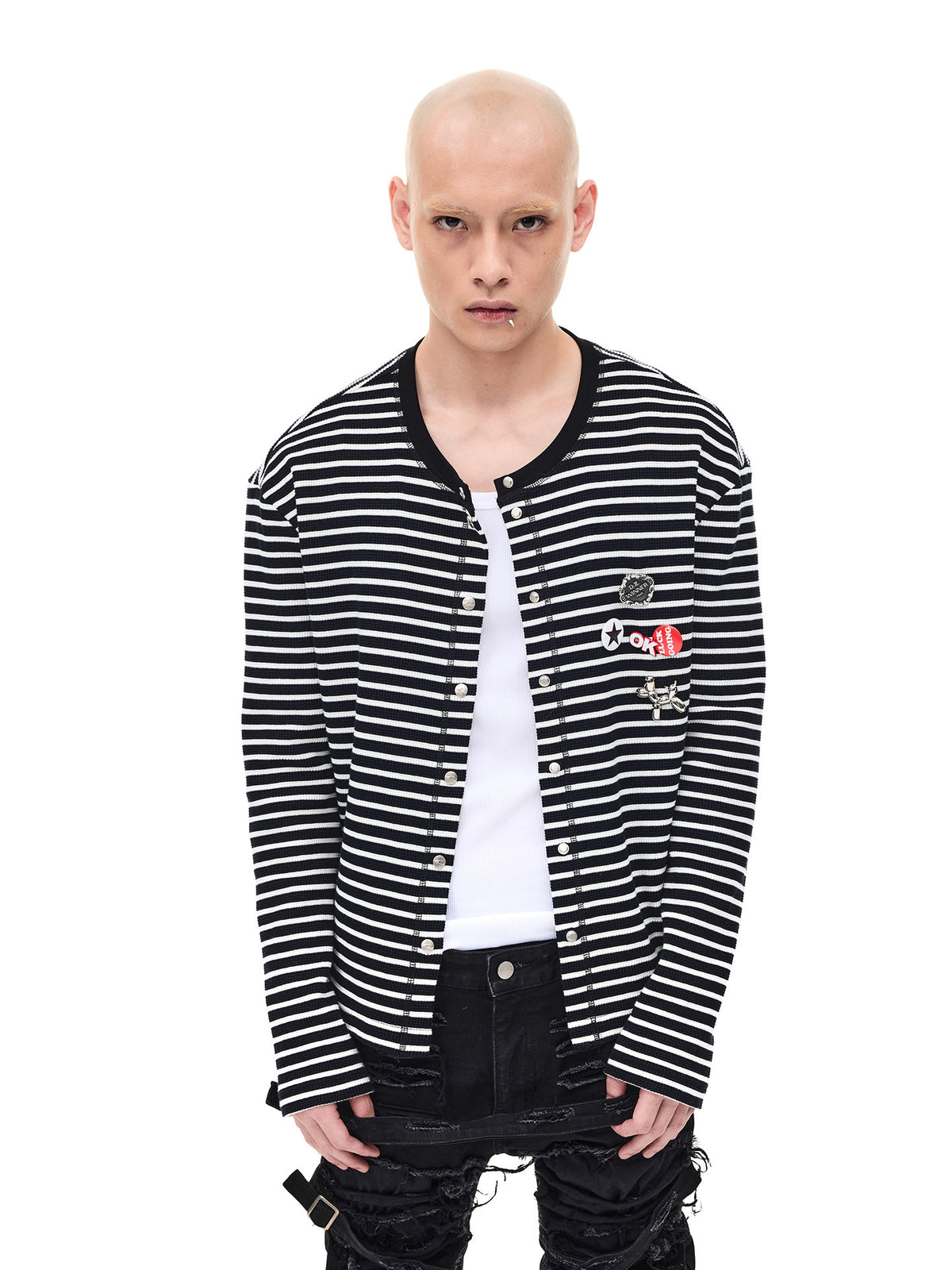 Snap Button Thin Stripe Knit Cardigan WN26718