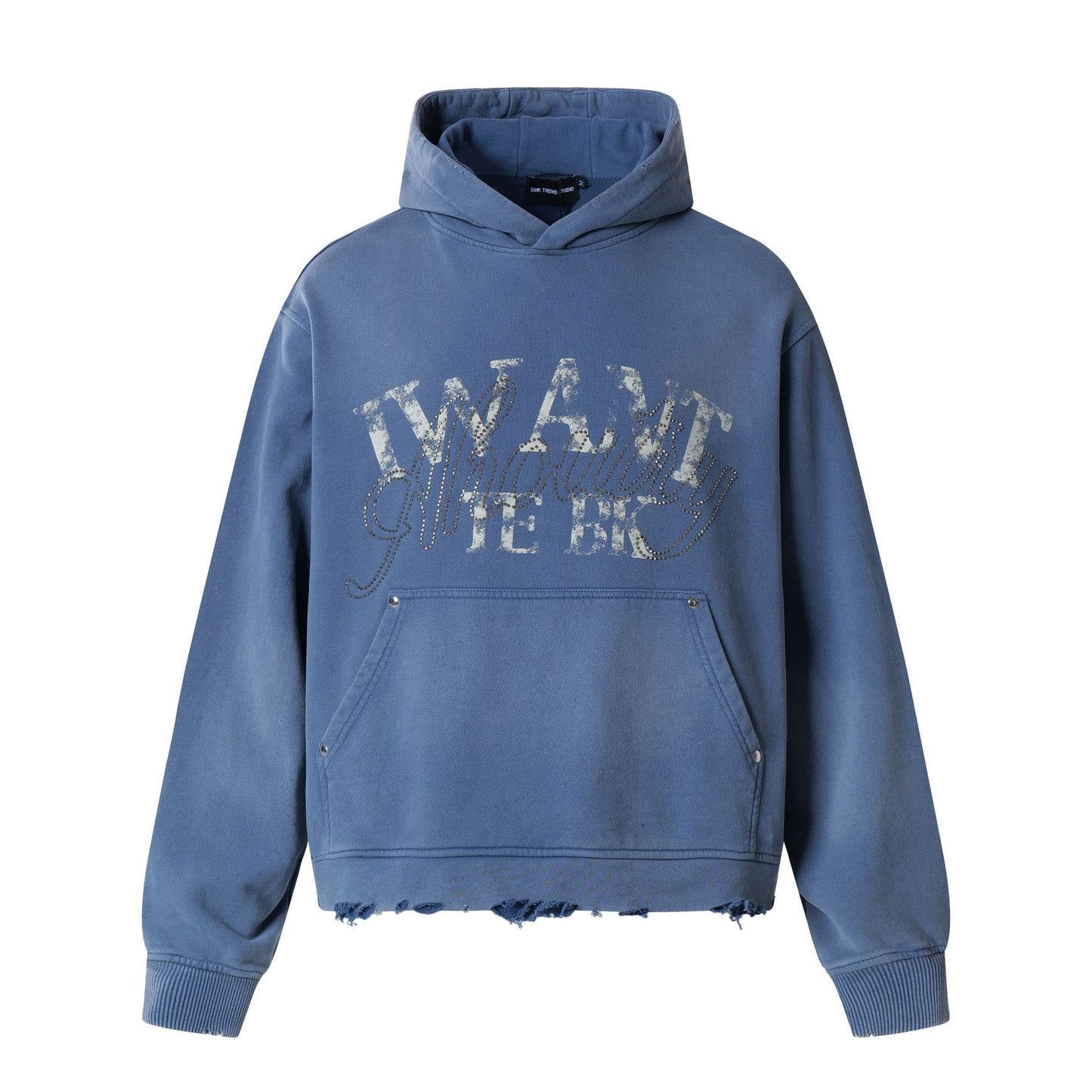 Washed Letter Rhinestone Design Damage Hoodie WN25384