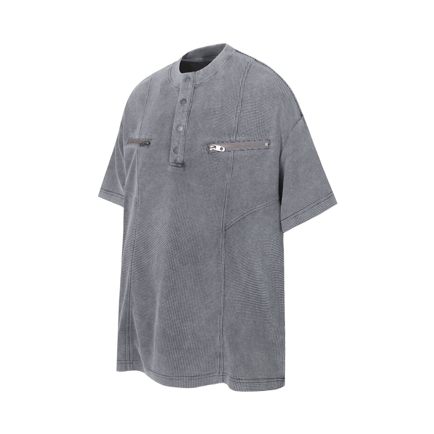 Half-Open Collar Check Wash Damage Short Sleeve T-Shirt WN25643