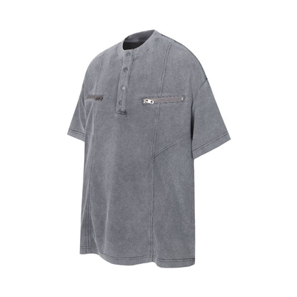 Half-Open Collar Check Wash Damage Short Sleeve T-Shirt WN25643