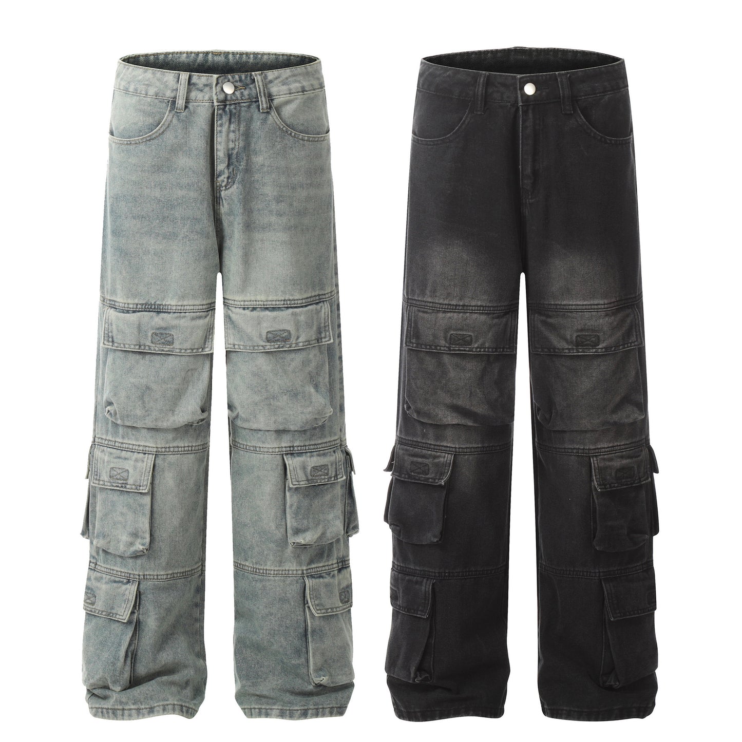 Washed Denim Cargo Jeans WN11042