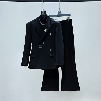 Metal Flower Brooch Fitted Tailored Jacket & Flare Trousers Setup WN23886