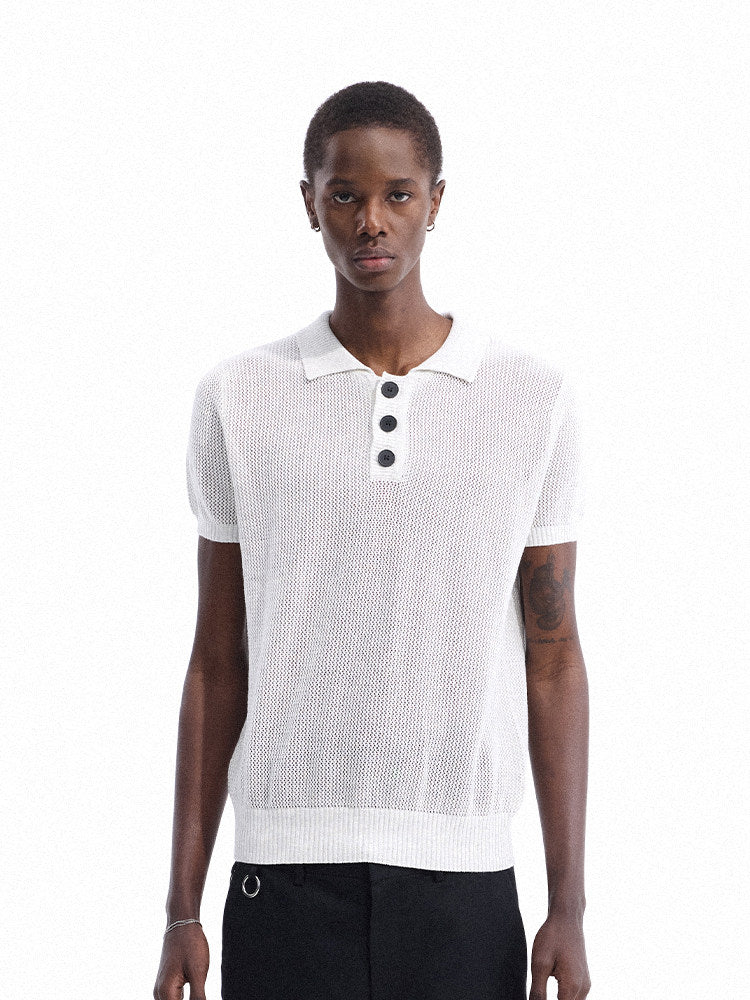 Openwork Polo-Collar Knit Short Sleeve T-Shirt WN27149