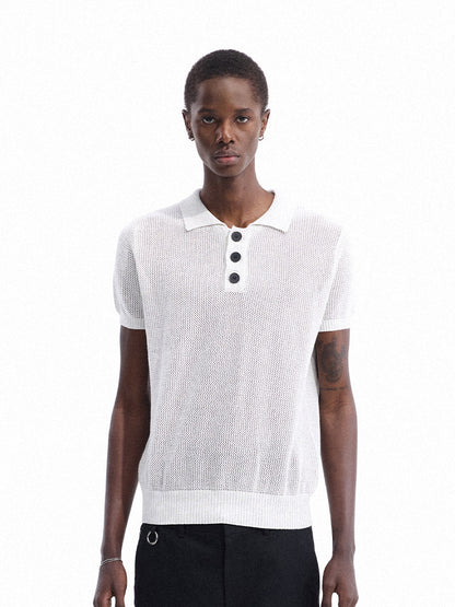 Openwork Polo-Collar Knit Short Sleeve T-Shirt WN27149