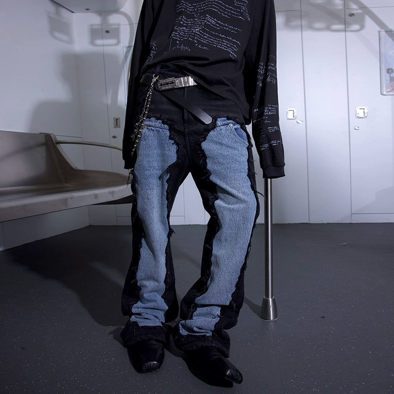 Deconstruction Patch Damage Washed Flare Denim Jeans WN21300