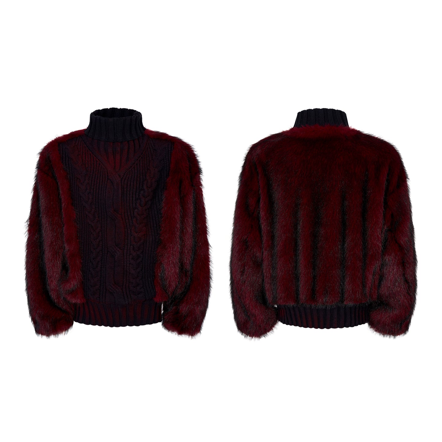 Fake Fur Splice High-Neck Thick Knit Sweater WN22657