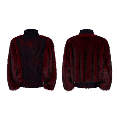 Fake Fur Splice High-Neck Thick Knit Sweater WN22657