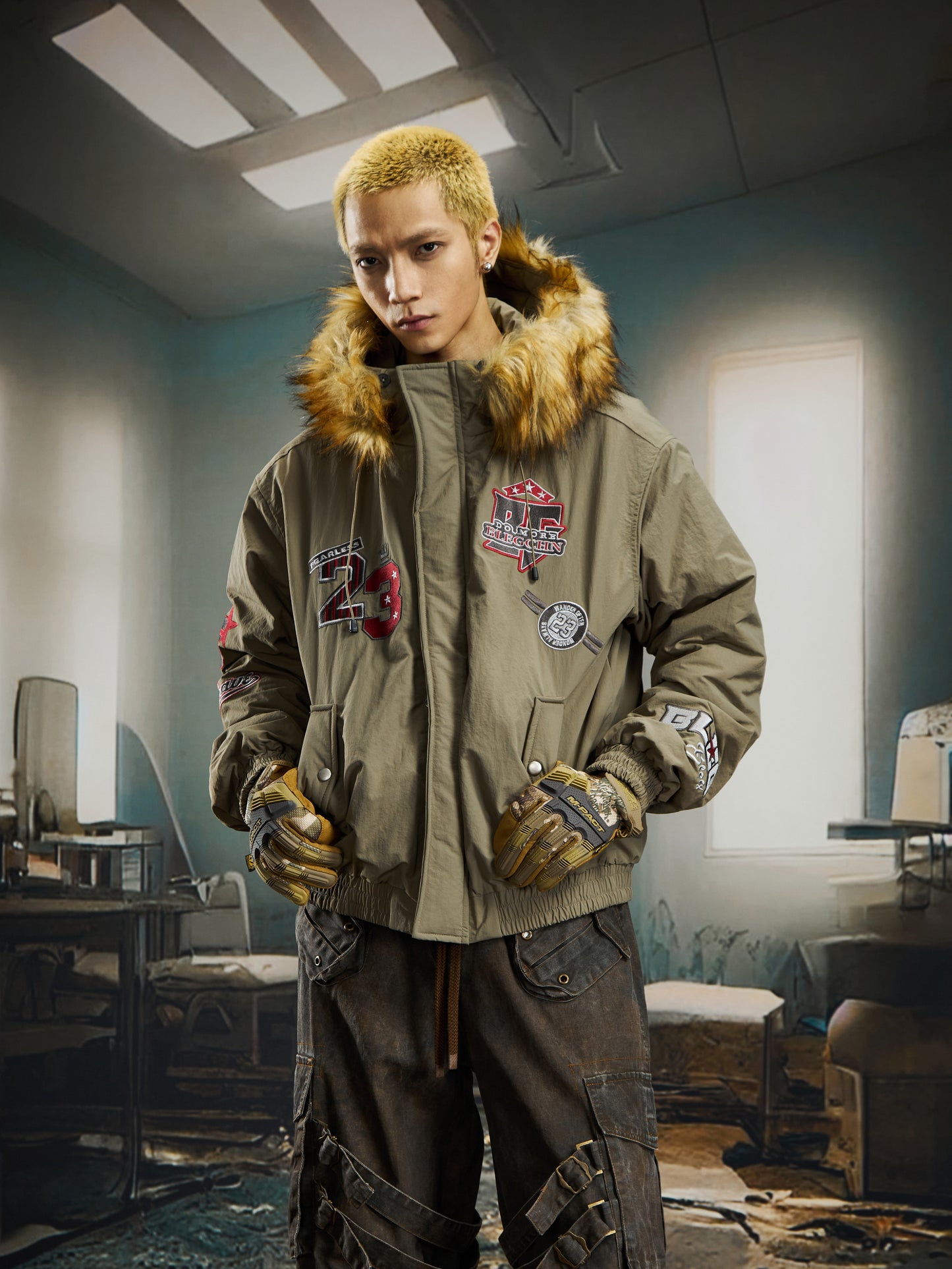 Embroidery Fake Fur Hooded Padded Jacket WN22753