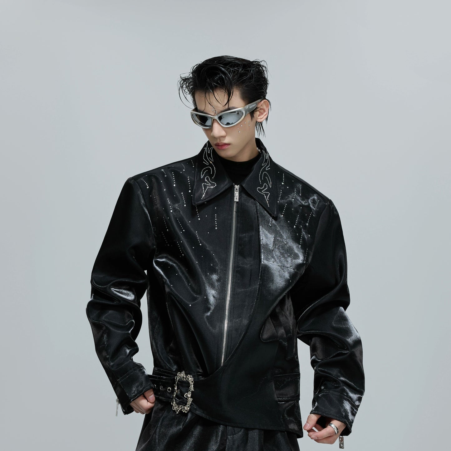 Glossy Rhinestone Button Short Zipper Jacket WN21691