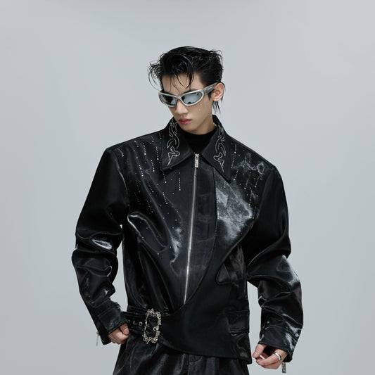 Glossy Rhinestone Button Short Zipper Jacket WN21691