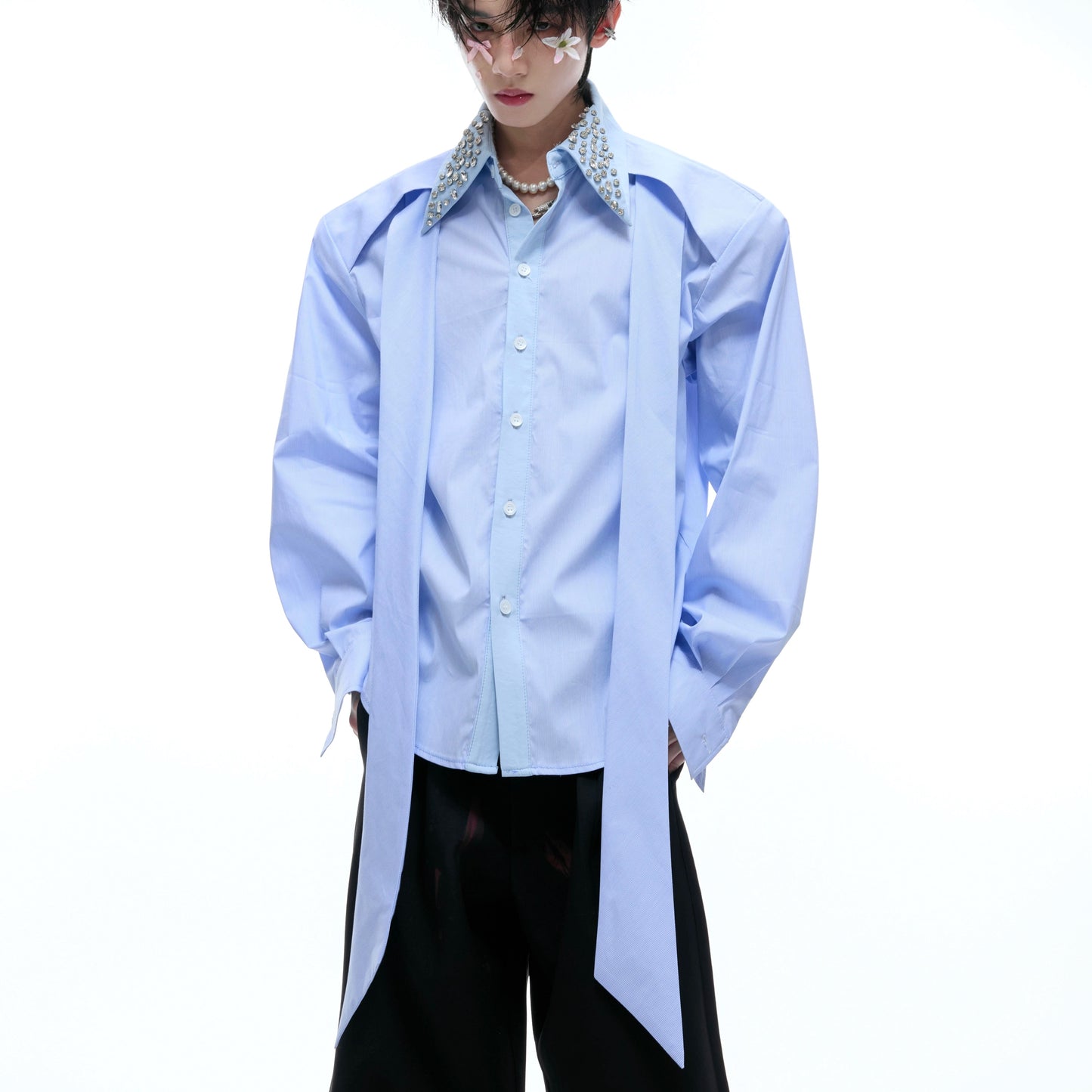 Rhinestone Neckline Ribbon Colorblock Long Sleeve Shirt WN20532