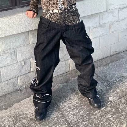 Double Waist Leopard Music Print Wide Leg Denim Jeans WN27235