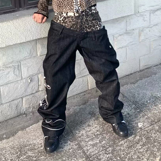 Double Waist Leopard Music Print Wide Leg Denim Jeans WN27235