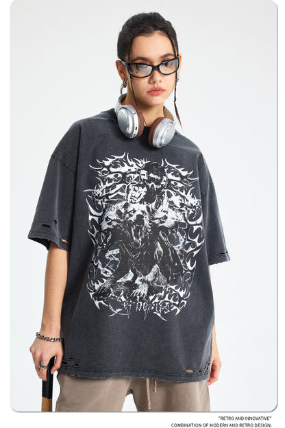 Damage Washed Snake Print Oversize Short Sleeve T-Shirt WN16278