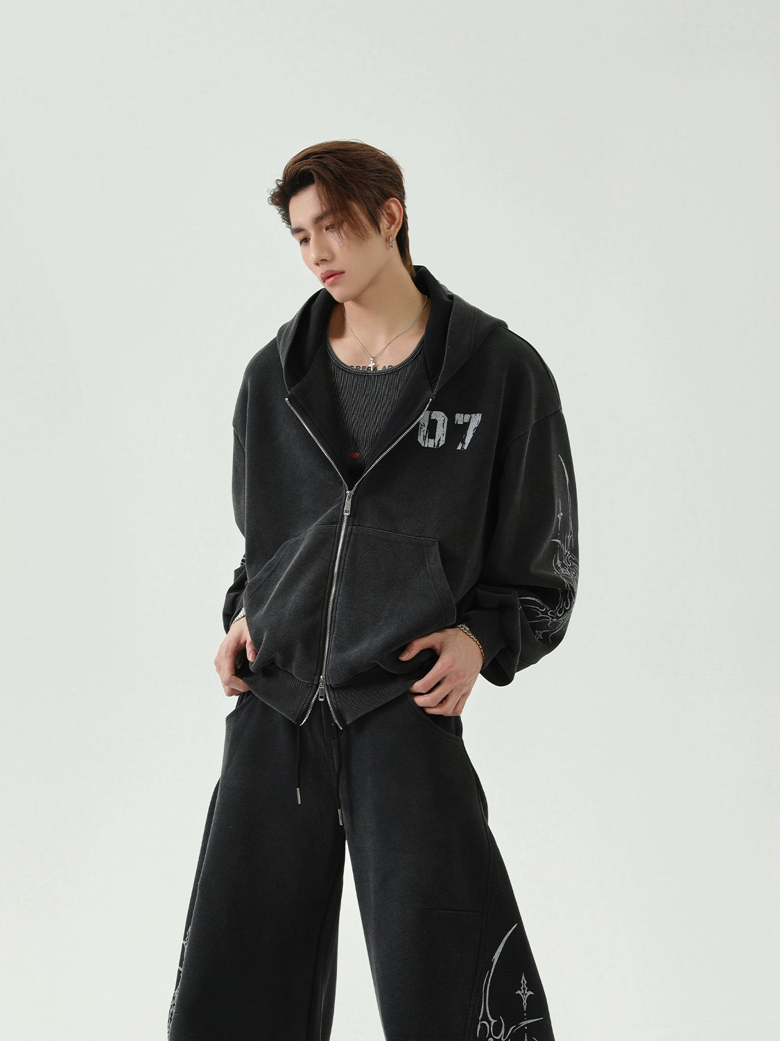 Double Zipper Embroidery Hoodie & Wide Leg Swaetpants Setup WN16285