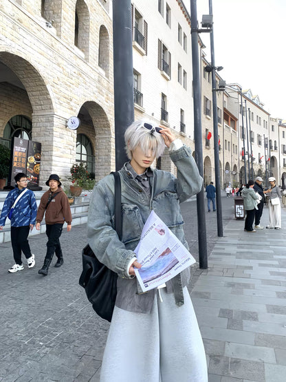 Large Pocket Button Shoulder-Pad Denim Jacket WN19930