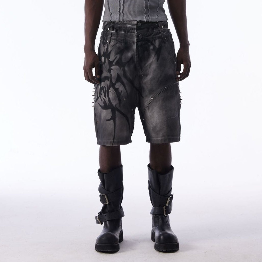 Washed Graffiti Dirty-Dye Denim Half Pants WN25741