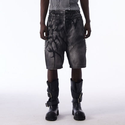 Washed Graffiti Dirty-Dye Denim Half Pants WN25741