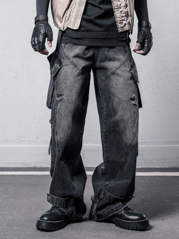 Multi Pocket Wide Leg Denim Jeans WN22343