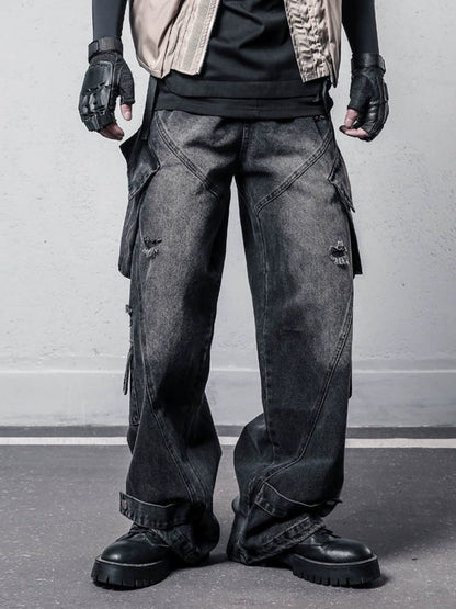 Multi Pocket Wide Leg Denim Jeans WN22343