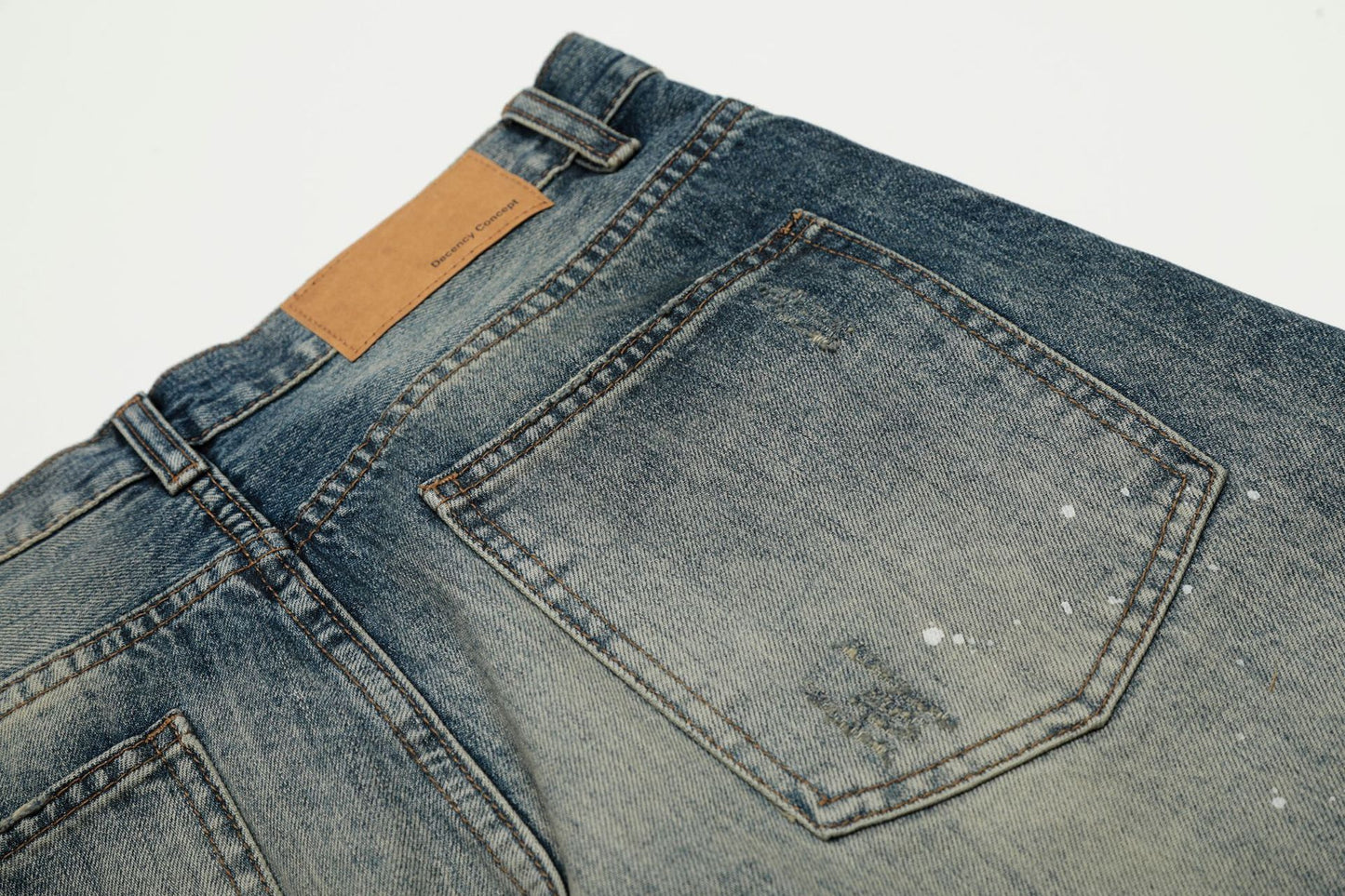 Washed Whisker Paint Splatter Curved Denim Jeans WN26141