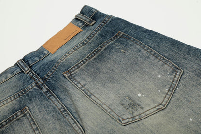 Washed Whisker Paint Splatter Curved Denim Jeans WN26141