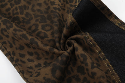 Leopard Print Curved Wide Leg Denim Jeans WN25679