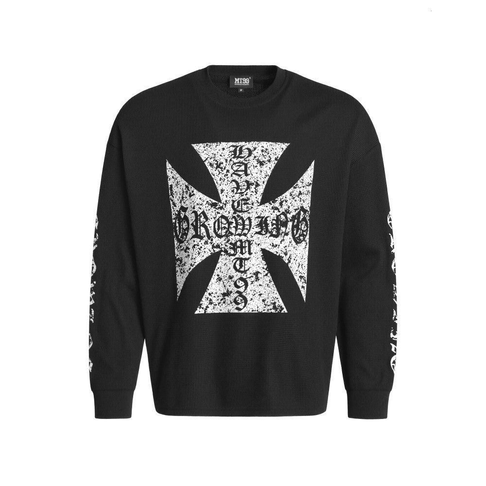 Cross Waffle Gothic Print Oversize Long Sleeve T-Shirt WN27901