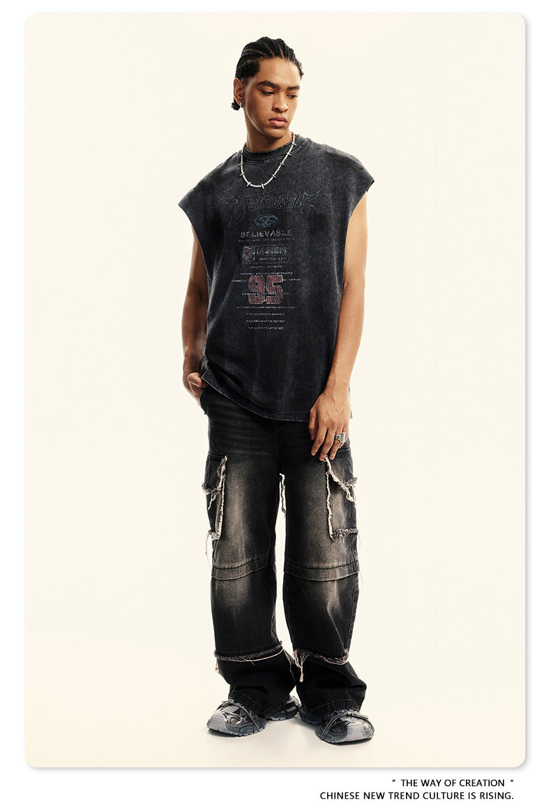 Washed Damage Print Oversize Tank Top T-shirt WN6391