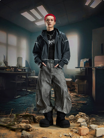 Fringe Deconstructed Patchwork Short Zipper Hoodie WN20583