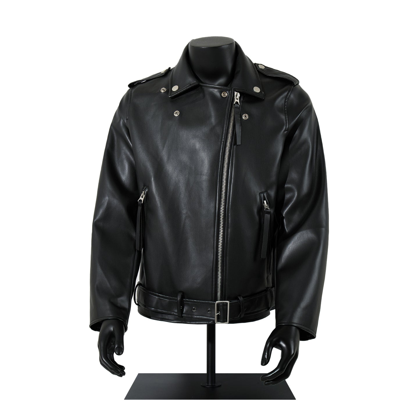 Zip-Up Belted Metal Buckle PU Leather Jacket WN23082