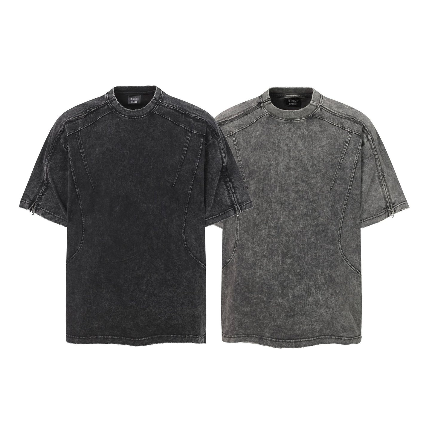Washed Panel Design Zipper Detail Short Sleeve T-Shirt WN25377