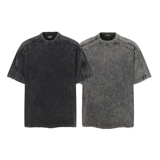 Washed Panel Design Zipper Detail Short Sleeve T-Shirt WN25377