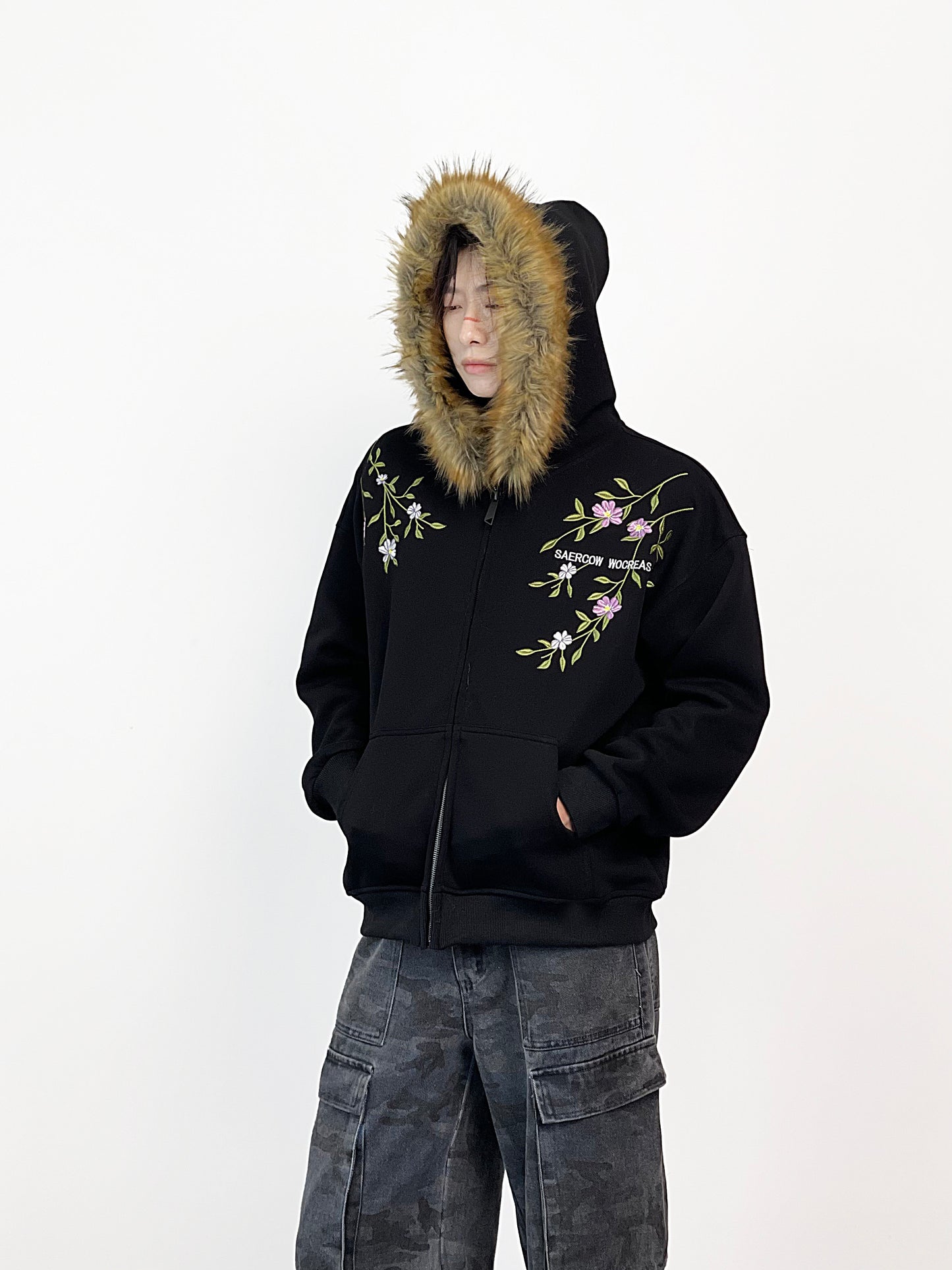 Fake Fur Collar Floral Embroidery Hoodie WN24287