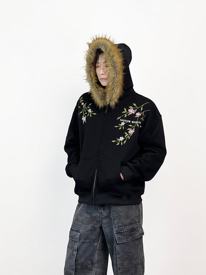 Fake Fur Collar Floral Embroidery Hoodie WN24287