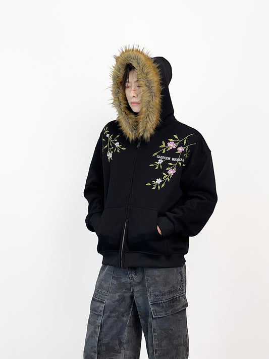 Fake Fur Collar Floral Embroidery Hoodie WN24287