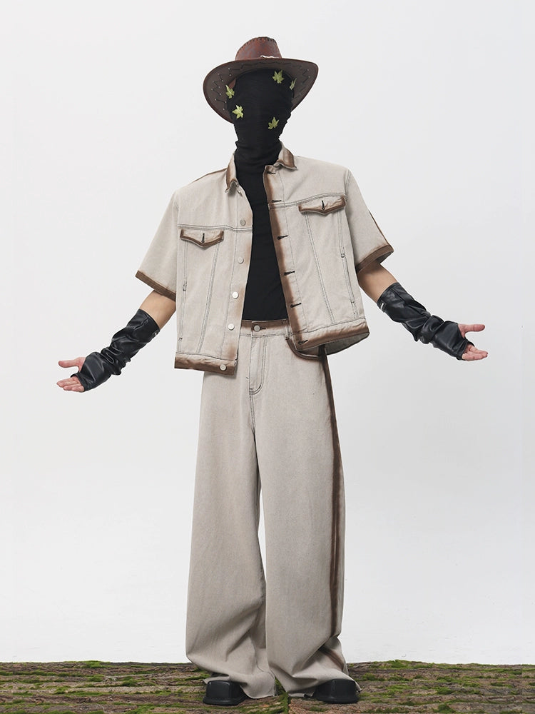 Spray Paint Short Sleeve Denim Jacket & Denim Jeans Setup WN18639