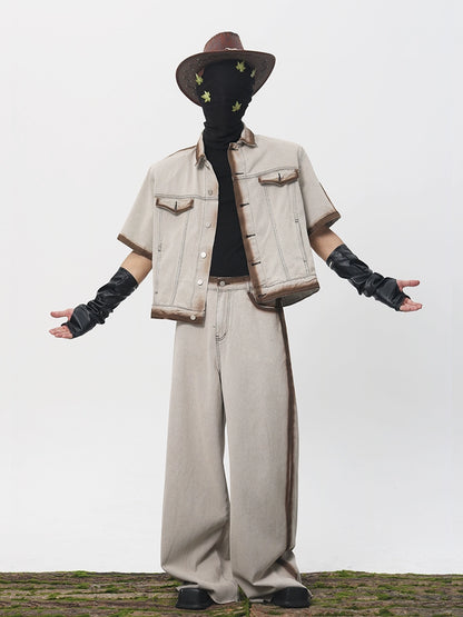 Spray Paint Short Sleeve Denim Jacket & Denim Jeans Setup WN18639