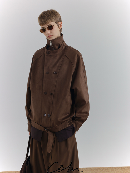 Suede Double Layer Collar Double Breasted Jacket WN21525
