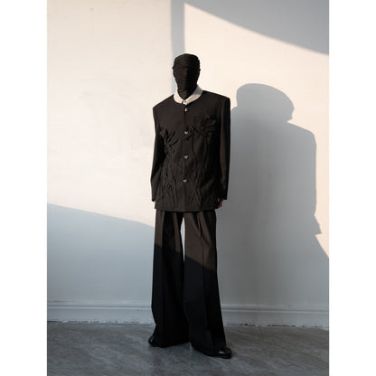 3D Floral Applique Collarless Jacket & Wide-Leg Trousers Setup WN23642