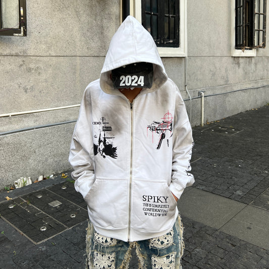 Graffiti Print Smoke Effect Zipper Hoodie WN24120