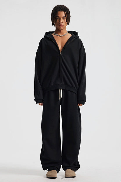 Fleece Lining Side Pocket Zipper Hoodie & Fleece Lining Wide Leg Sweatpants Setup WN23114