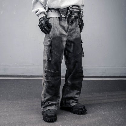 Leopard Wash Multi Pocket Wide Leg Denim Jeans WN22389