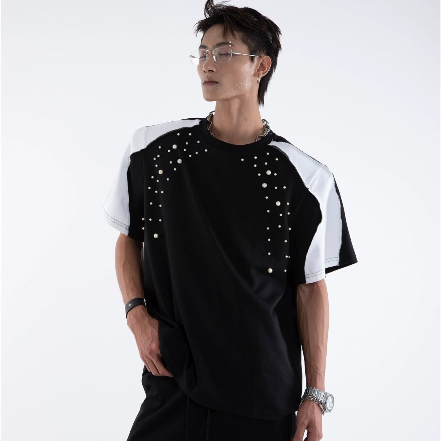 Beading Paint Shoulder-Pad Short Sleeve T-Shirt & Wide Leg Pants Setup WN20640