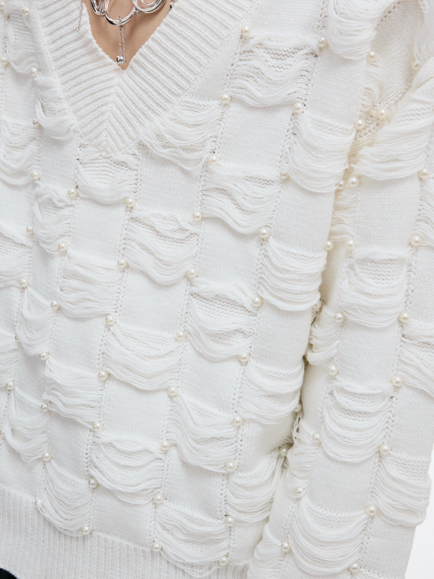 Pearl Beads V-Neck Fringe Knit Sweater WN21222