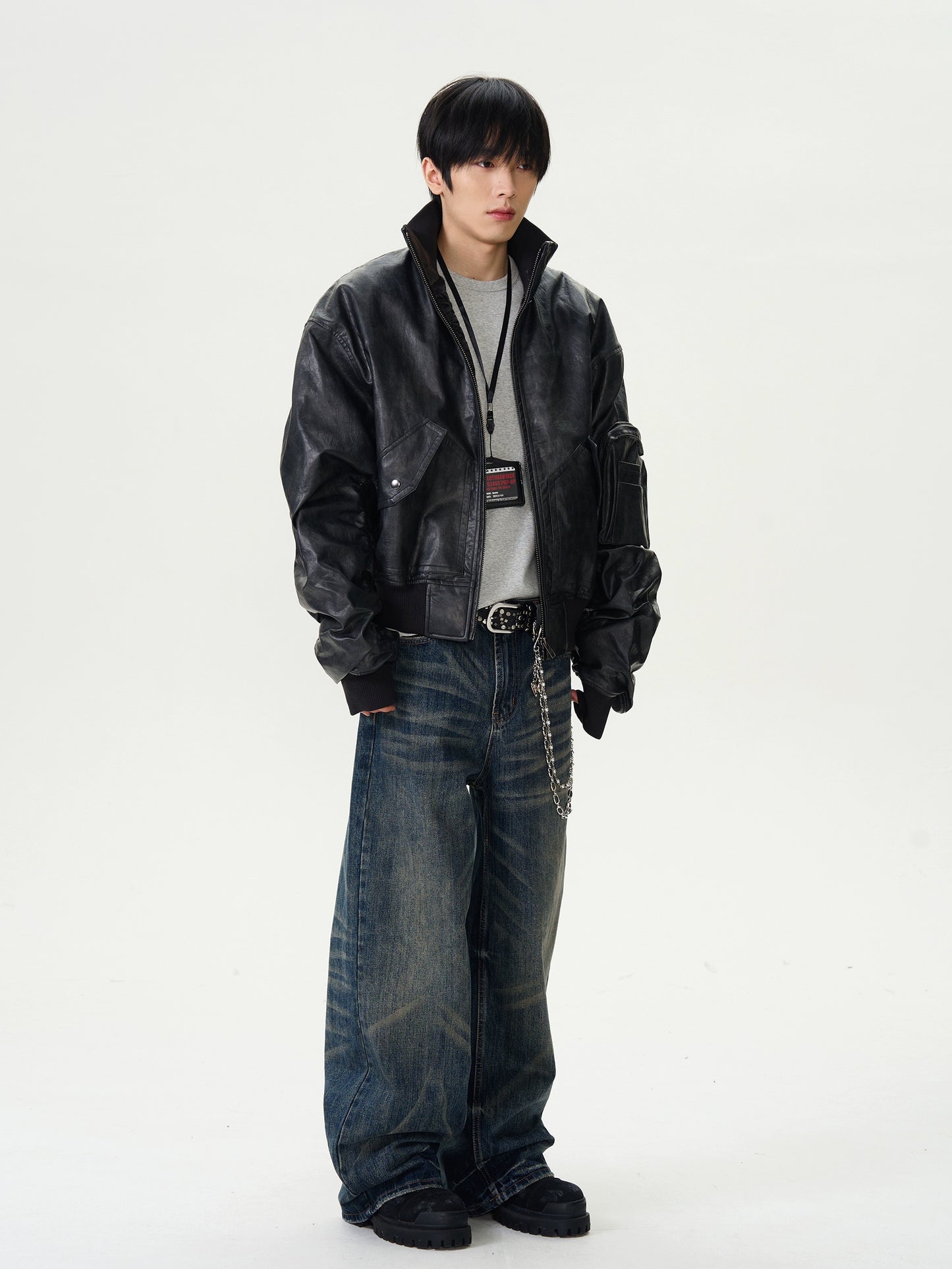 Standing-Collar PU Leather Puffer Jacket WN16380