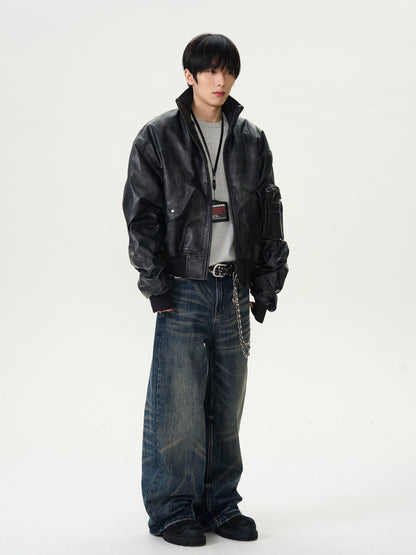 Standing-Collar PU Leather Puffer Jacket WN16380