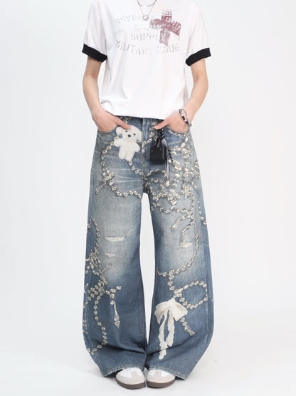Crystal Chain Detail Wide-Leg Denim Jeans WN24418