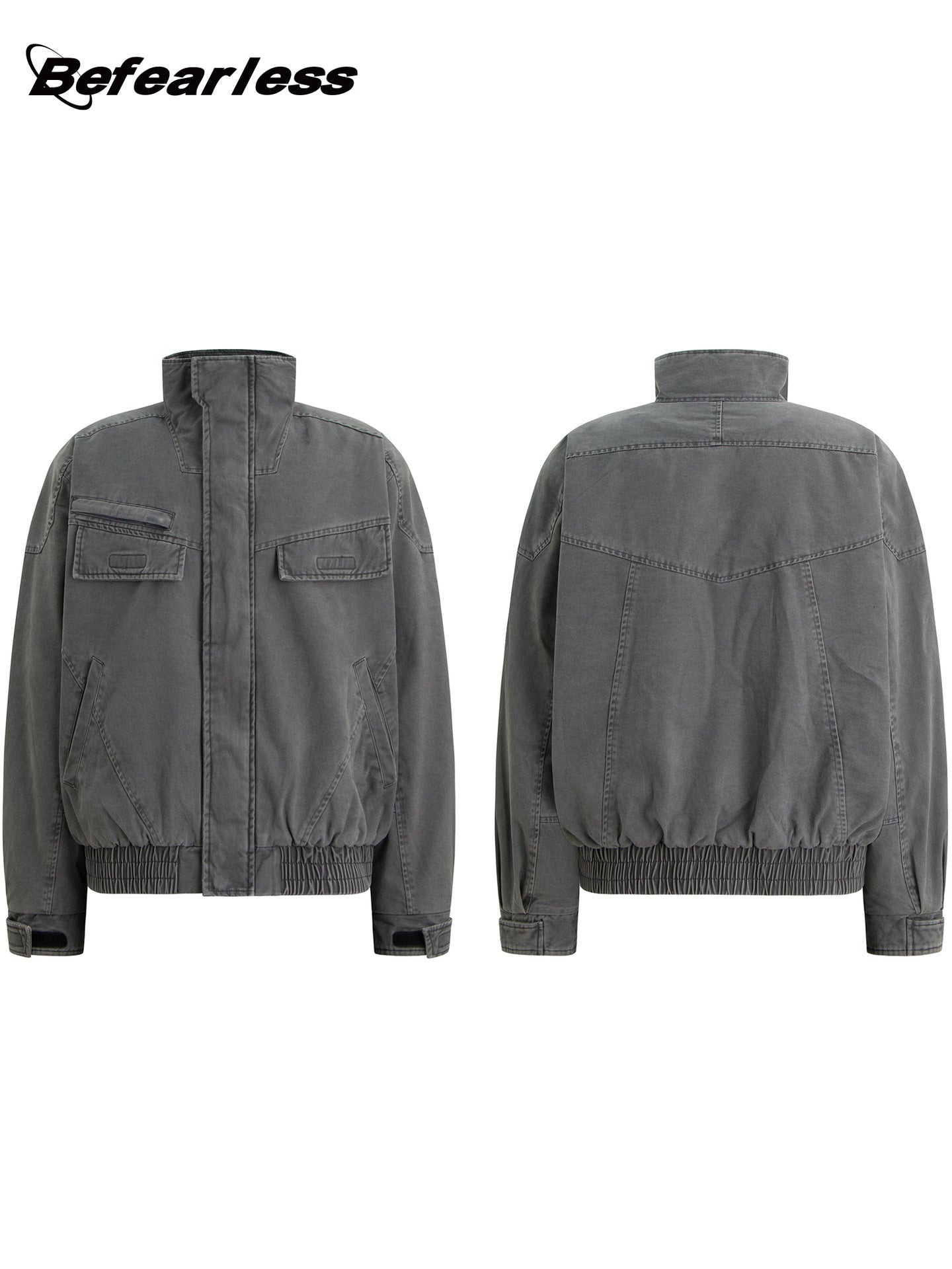 Heavyweight Washed Zip-Up Stand Neck Workwear Jacket WN26332